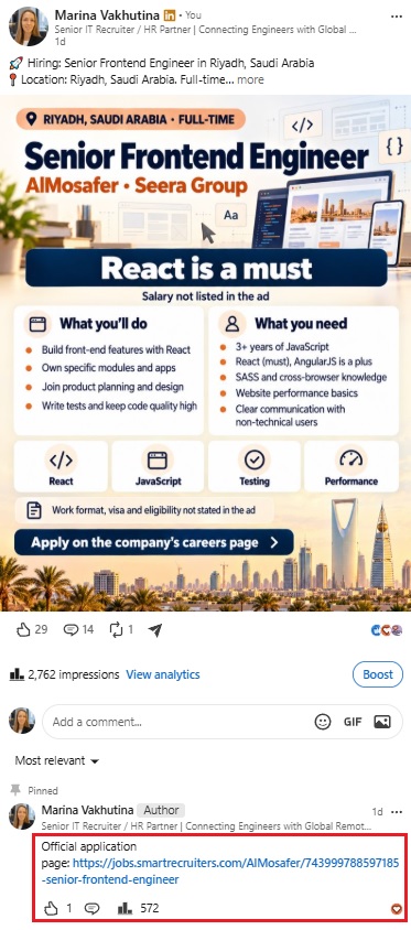 Senior Frontend Engineer role in Riyadh with 2,762 post impressions